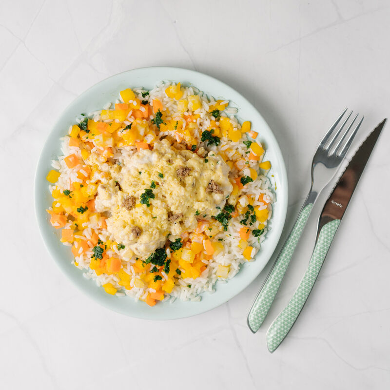 Brouillade d'oeufs, salsa Tartufata, riz long blanc bio aux légumes