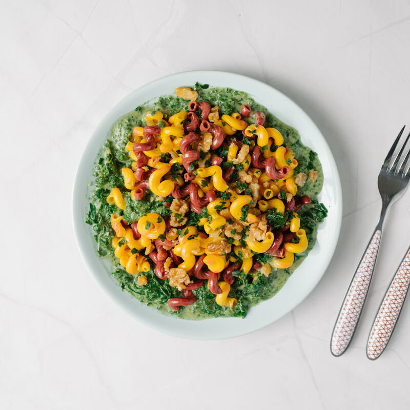 Coquillettes carottes et betteraves bio, blettes épinards et noix, sauce au bleu