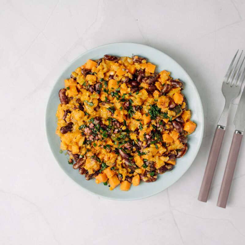 Dahl aux haricots et lentille corail, patate douce, curry et gingembre