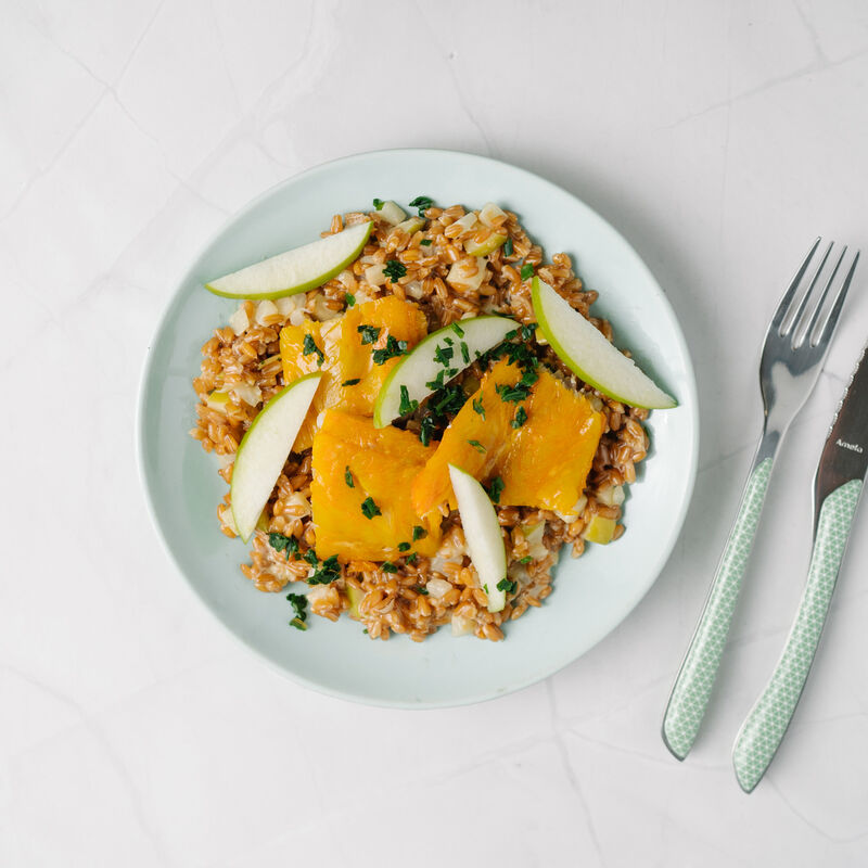 Filet de Haddock, risotto d'épeautre et navet, granny smith