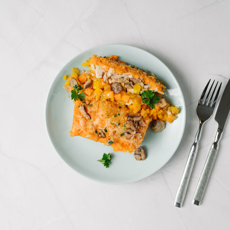 Parmentier de volaille aux marrons, potiron, patate douce