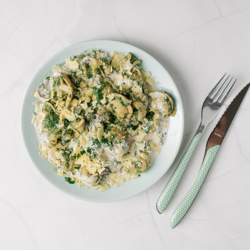 Raviolis ricotta épinards, crème de champignons, tomme