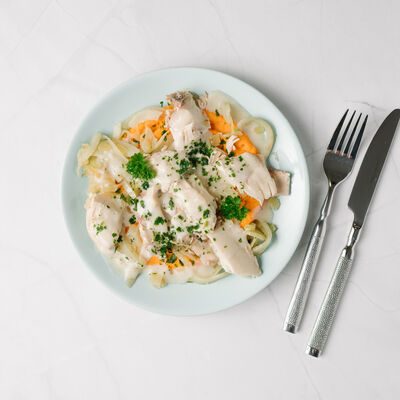 Poulet au cidre, mousseline de potiron et fenouil