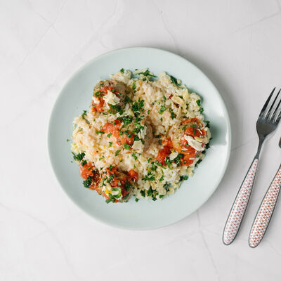 Risotto boulettes, compotée de tomates, stracciatella basilic