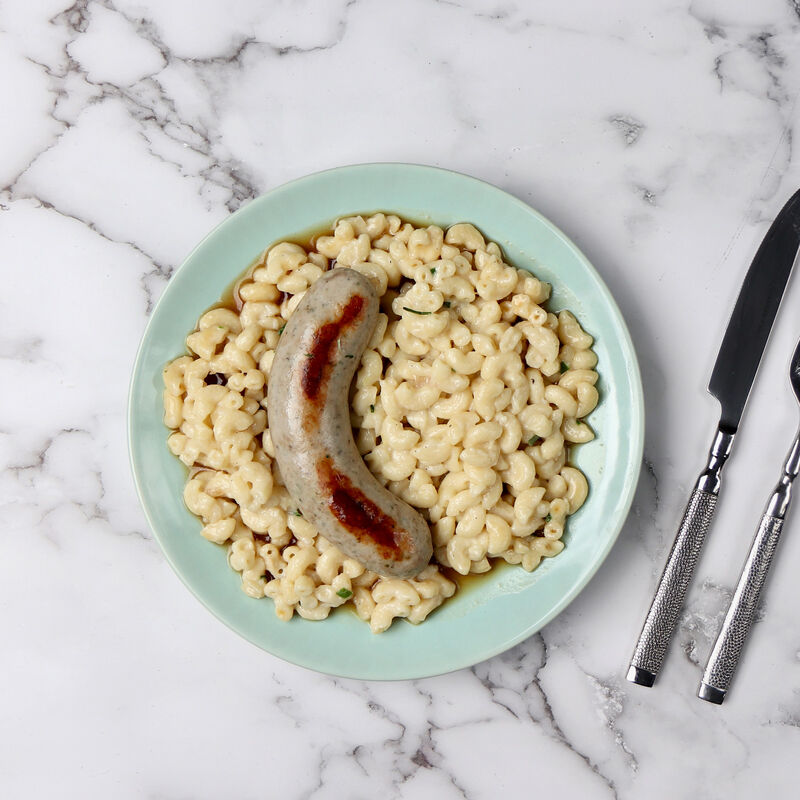 Boudin blanc jus court, risotto de coquillettes