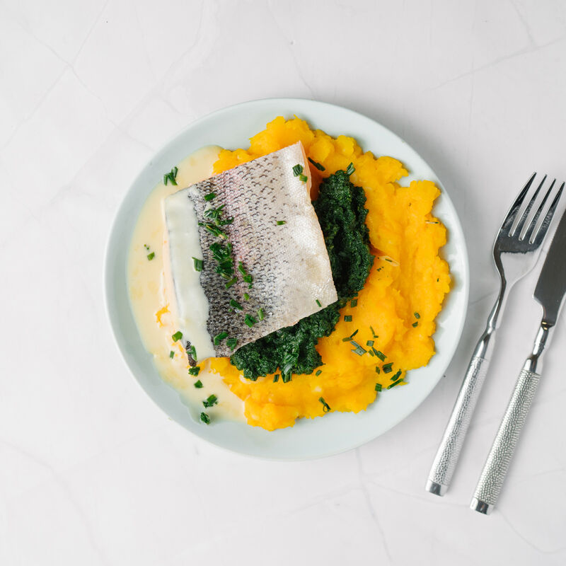 Pavé de saumon, beurre blanc, mash de courge et épinard