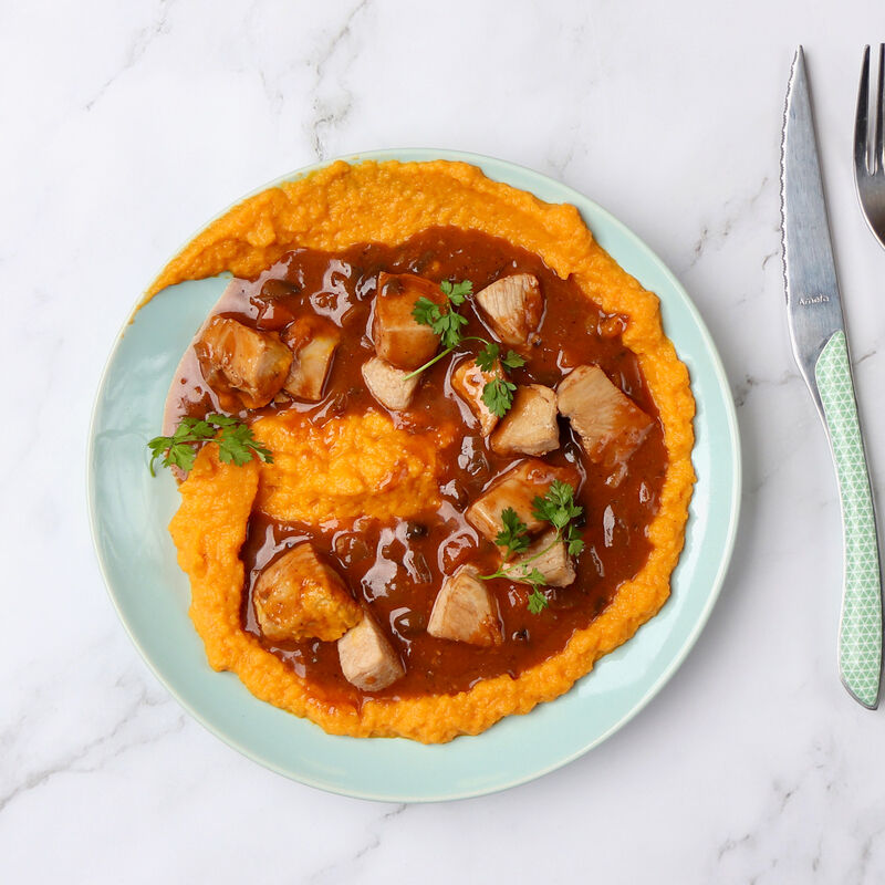 Poule marengo, mousseline de carottes