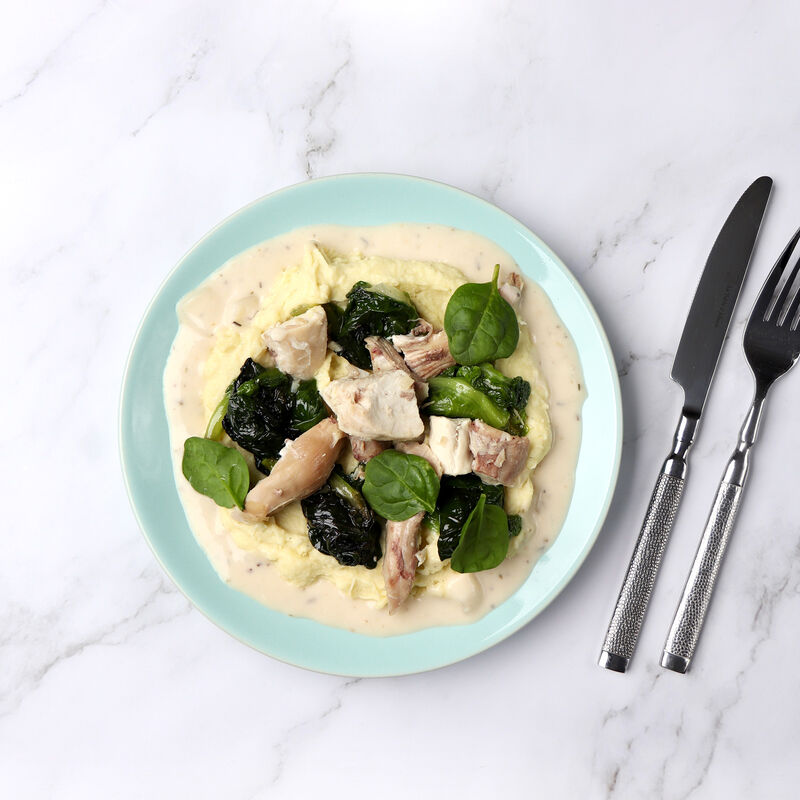 Poulet au cidre, mousseline de blanc de poireau et laitue braisée