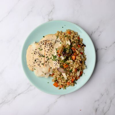 filet de lieu noir poêlée de blé aux légumes et sauce moutarde