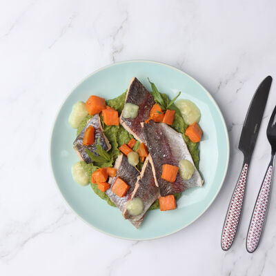 Filet de truite, mousseline d'haricots verts et patate douce