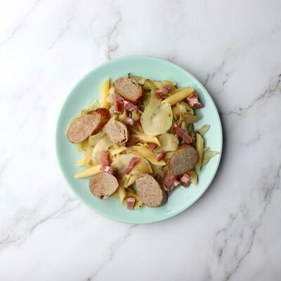 Pennes d'Alsace, saucisse brassée, tombée de fenouil au lard