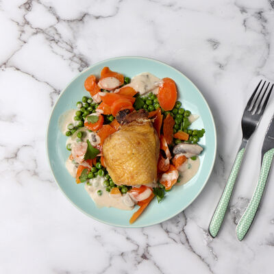 Poulet crème champignons, petits pois et carottes