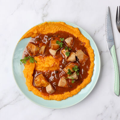 Poulet marengo, mousseline de carottes