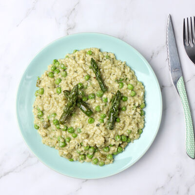Risotto Verde, petits pois, asperges et menthe