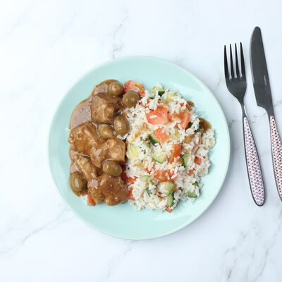 Sauté de porc aux olives et citron riz et légumes d'été
