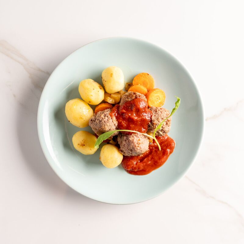 Boulette de Boeuf, rutabaga et carotte pomme grenaille