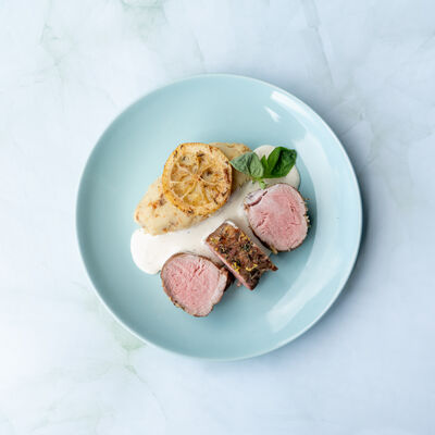 Filet mignon de porc, purée et sauce citron au basilic